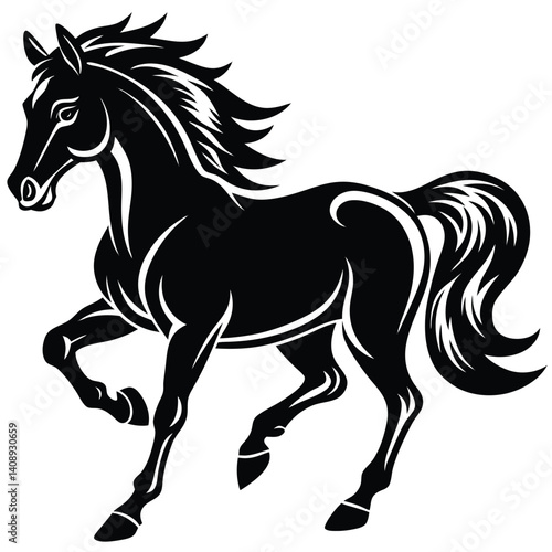 Elegant Black Stallion Prancing Freely with Flowing Mane and Tail in Silhouette Style