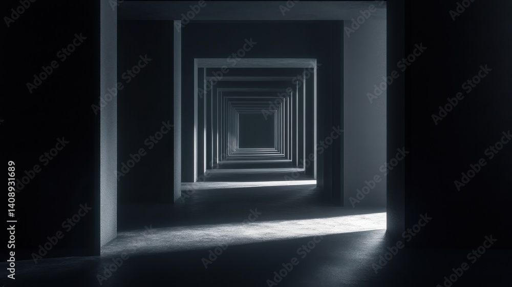 A shadowy, empty corridor with no doors, lit in a single color, its length disappearing into the distance A shadowy, empty corridor with no doors, lit in a single color, its length disappearing into the distance