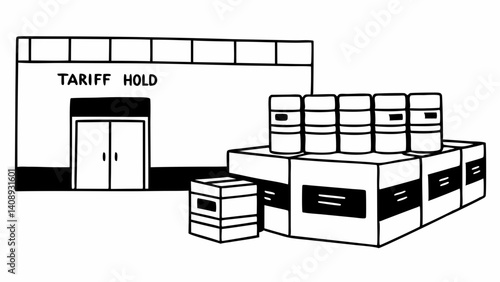 Import and Export: A detailed depiction of a "tariff hold" facility, alongside a stack of carefully packed boxes and containers, evokes concepts of international trade and customs