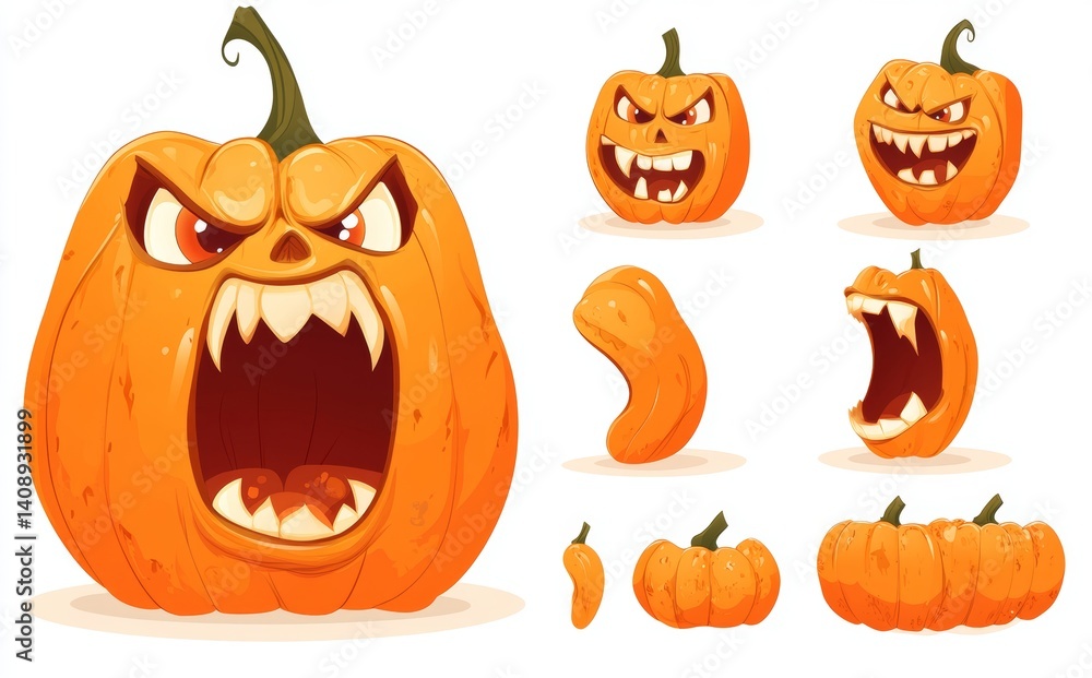 Fototapeta premium The modern set consists of an assortment of Halloween jack-o-lanterns with different facial expressions, including cute and spooky pumpkins, all on a white isolated background in a flat cartoon