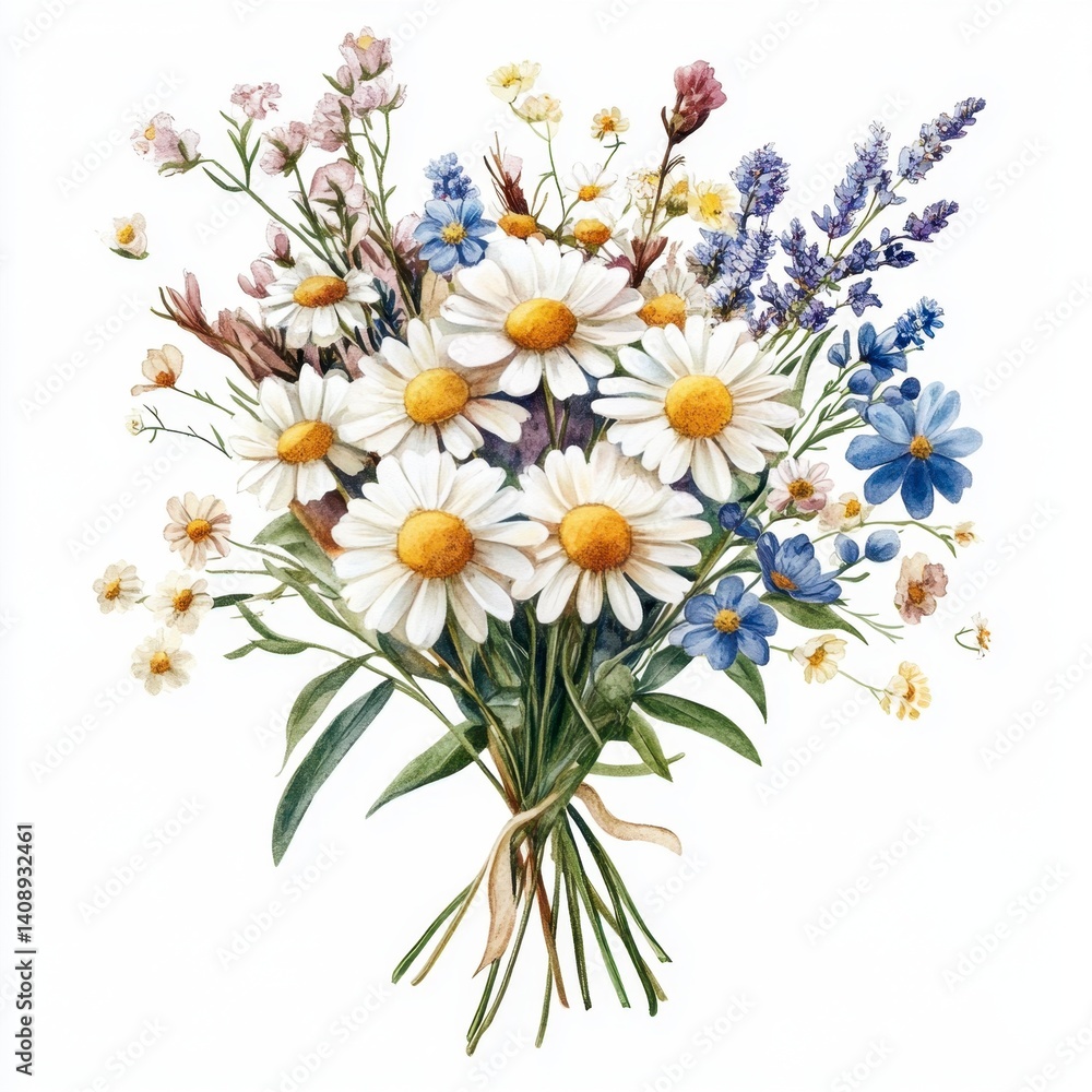 Fototapeta premium Beautiful Wildflower Bouquet with Daisies and Lavender Accents