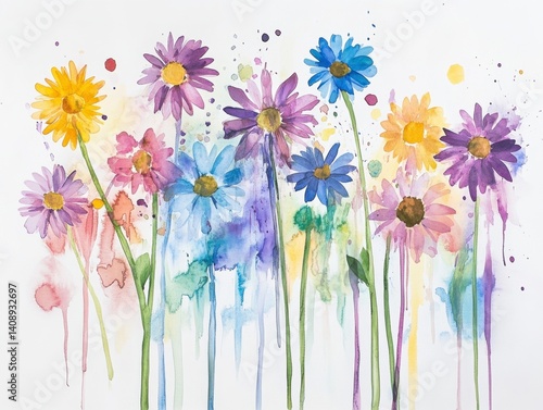 Colorful Watercolor Floral Painting with Vibrant Blooming Flowers