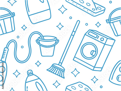 Seamless Cleaning Supplies Pattern with Vacuum, Mop, and Washing Machine in Line Art Style. cleaning, hygiene, mop, vacuum, washing, detergent, bucket, scrub, soap, laundry