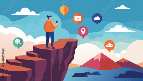 A person standing on a cliff looking out at an expansive landscape filled with social media symbols and data representing the vastness and endlessness of social media.. Vector illustration
