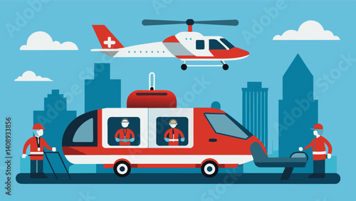 During a terrorist attack air taxis are used to evacuate injured individuals to safe zones while also providing onboard medical treatment to stabilize their condition.. Vector illustration