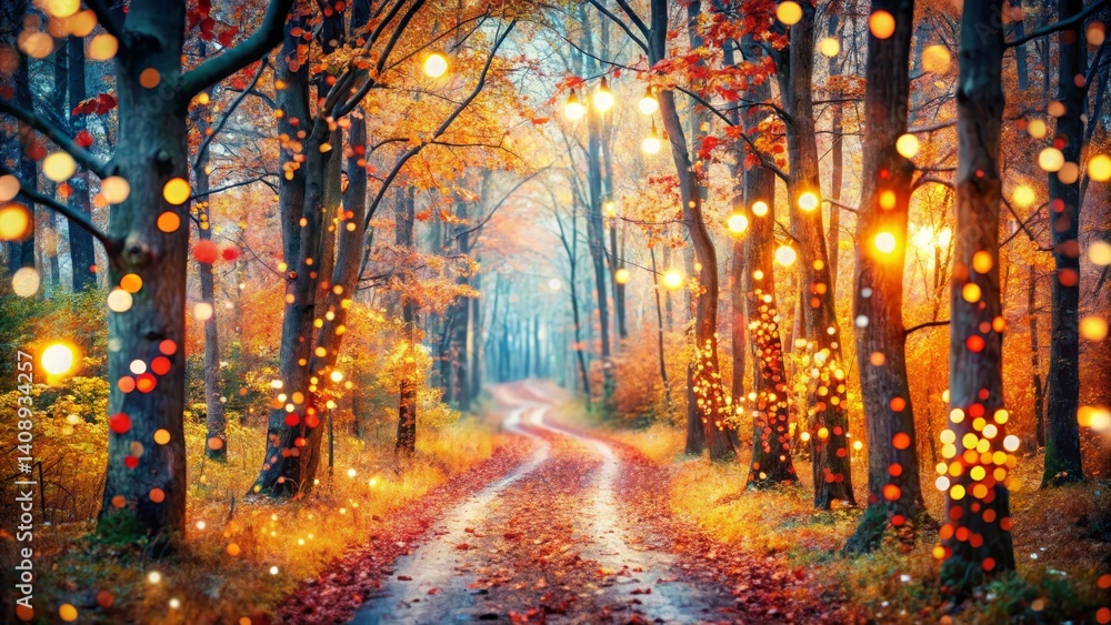 Autumn Forest Path with Decorative Lights Autumn Forest Path with Decorative Lights