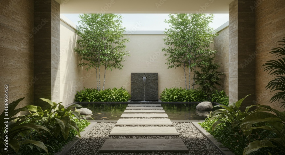 Fototapeta premium Serene Courtyard Oasis: A Tranquil Zen Garden Design