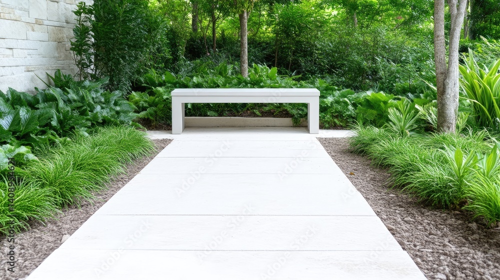Tranquil garden path with white bench. Lush greenery surrounds a paved walkway leading to a simple, white bench. Peaceful oasis Tranquil garden path with white bench. Lush greenery surrounds a paved walkway leading to a simple, white bench. Peaceful oasis
