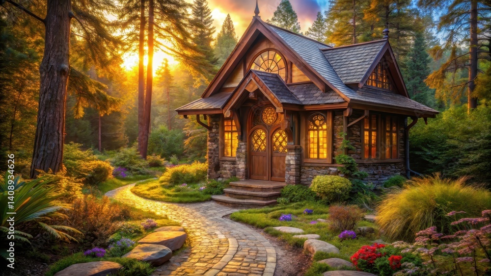 Fototapeta premium Secluded Stone Cottage bathed in Golden Hour Sunlight, nestled amongst lush foliage and a winding stone pathway.