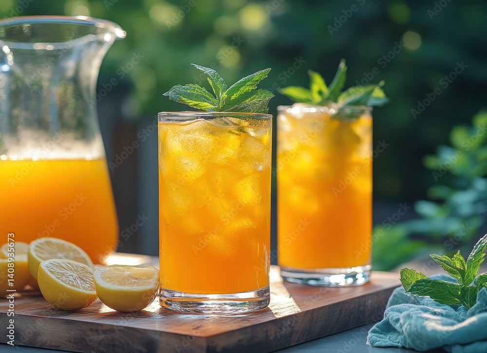 Refreshing Citrus Drink with Mint Garnish and Ice Served in Glasses on Wooden Board in Outdoor Summer Setting with Slices of Lemon Refreshing Citrus Drink with Mint Garnish and Ice Served in Glasses on Wooden Board in Outdoor Summer Setting with Slices of Lemon