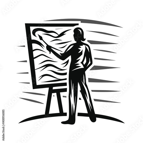 Artist Silhouette Painting On Canvas, Creative Process, Art Supplies, Monochrome