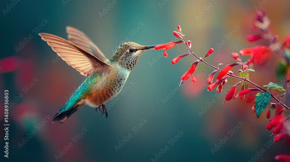 Naklejka premium Vibrant hummingbird sips nectar from a scarlet sage flower.