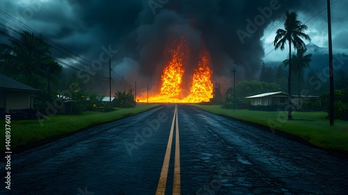 A dramatic scene depicting a fiery volcanic eruption in the distance, framed by a cracked road and surrounded by lush greenery and palm trees.