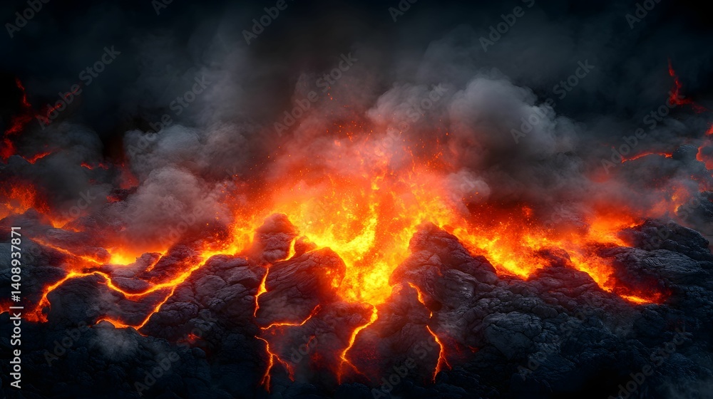 A fiery lava flow surrounded by dark volcanic rocks and smoke, showcasing the raw power of nature's volcanic activity. A fiery lava flow surrounded by dark volcanic rocks and smoke, showcasing the raw power of nature's volcanic activity.