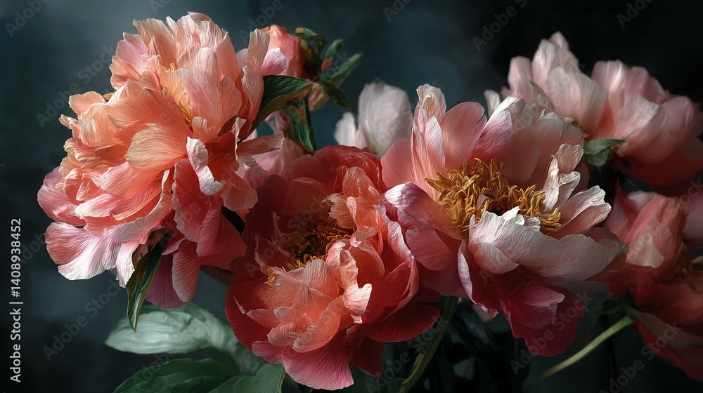 Fototapeta premium Close-up display of vibrant peonies in soft tones.