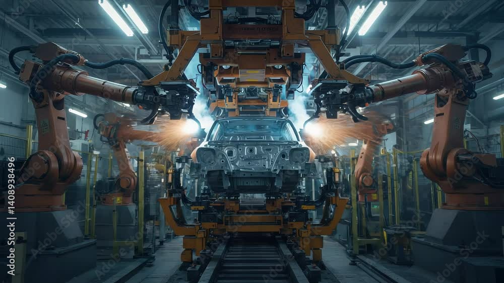 Advanced Robotic Manufacturing System in an Industrial Factory with Precision Machinery Advanced Robotic Manufacturing System in an Industrial Factory with Precision Machinery