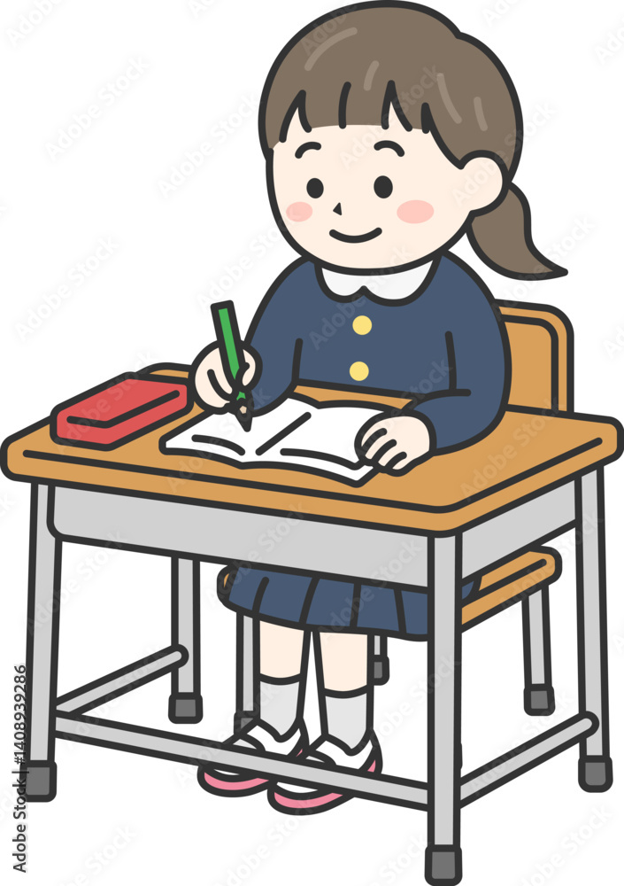学校の机で勉強する、小学生の女の子（線画カラー）のイラスト