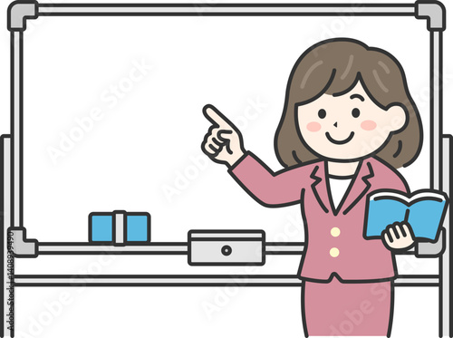 ホワイトボードを使って授業する、女性教師（線画カラー）のイラスト