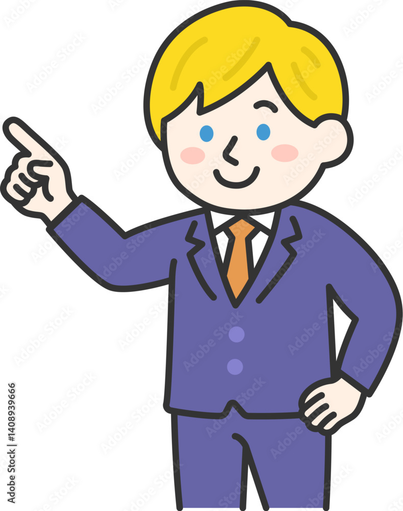 指を指して説明する、スーツ姿の白人男性(線画カラー)のイラスト 指を指して説明する、スーツ姿の白人男性(線画カラー)のイラスト