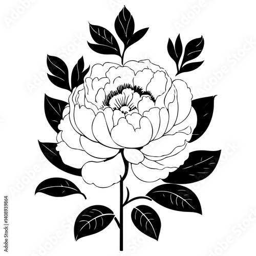 Elegant Black and White Peony Floral Illustration