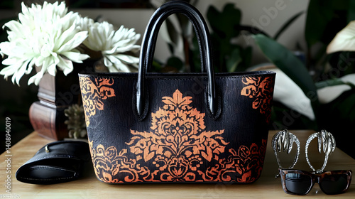 Elegant black handbag with intricate orange damask pattern