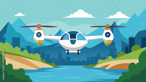 As it hovers over the river the eVTOLs vertical takeoff and landing capabilities are on full display a sight that captures the attention of all those nearby.. Vector illustration