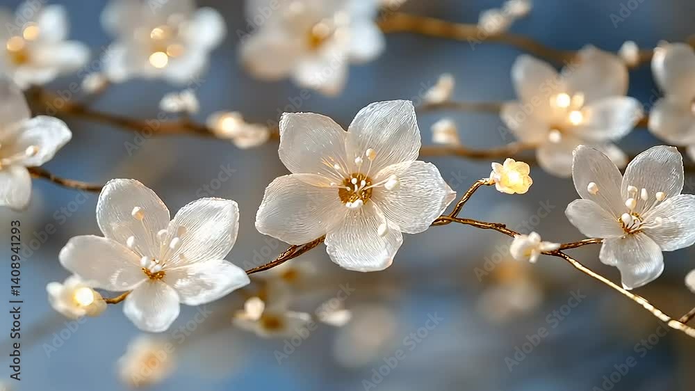Delicate White Flower Blossoms with Soft Glow on Branches Delicate White Flower Blossoms with Soft Glow on Branches