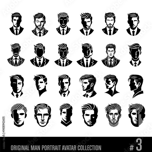 Original man portraits, avatars, black and white vector collection No 3