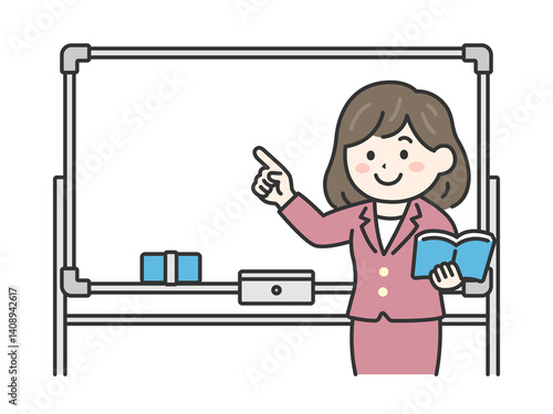 ホワイトボードを使って授業する、女性教師（線画カラー）のイラスト