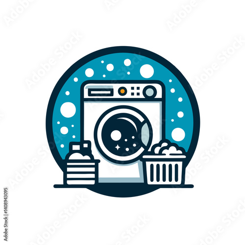 Laundromat Logo in Flat Vector Style, Soap Bubbles and Machine Icon