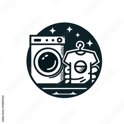 Circular Laundromat Badge Logo, Washer and T-shirt Graphic