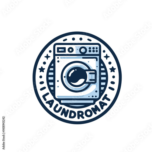 Laundromat Business Logo, Front-loading Washer With Clean Line Work