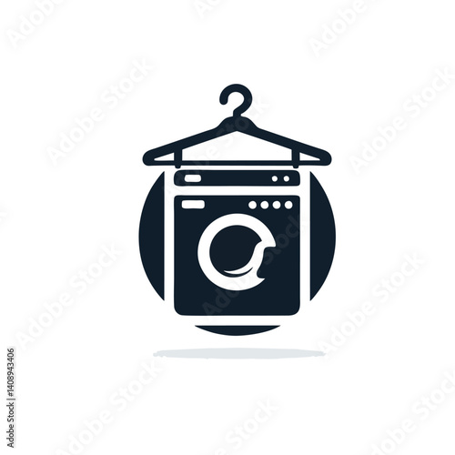 Silhouette Style Laundromat Logo With Washer and Hanger, Simple Design
