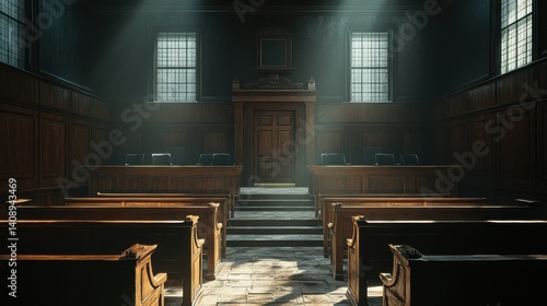 Wallpaper Mural A shadowed courtroom with dark wooden elements and vacant seats, exuding a sense of abandonment  Torontodigital.ca