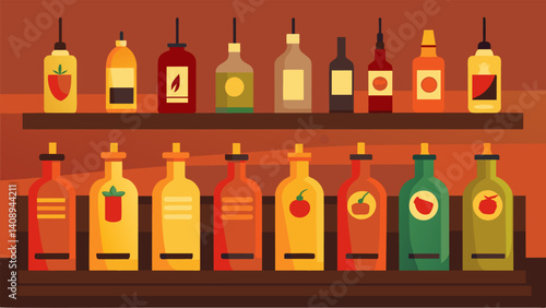 A wall of hot sauces from all over the world lines the bar encouraging diners to add a fiery kick to their fusion dishes.. Vector illustration
