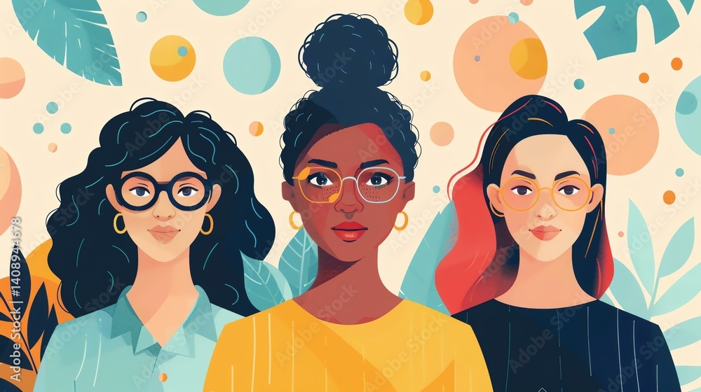 Three diverse women showcase their unique styles and personalities against a colorful backdrop, promoting empowerment and individuality. Three diverse women showcase their unique styles and personalities against a colorful backdrop, promoting empowerment and individuality.