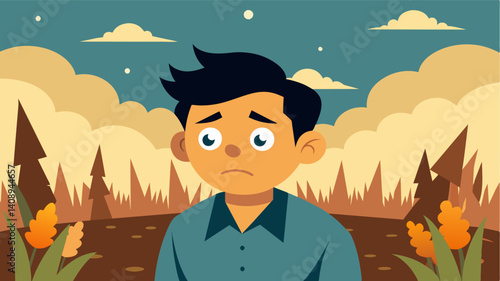 The farmers once hopeful face now wore a look of defeat and worry as he surveyed his ruined cornfield.. Vector illustration
