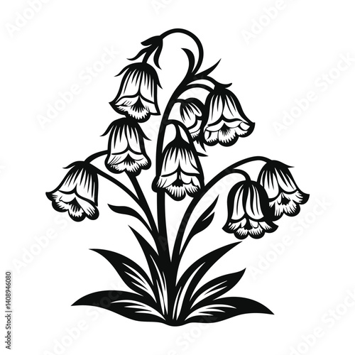Elegant Black Floral Silhouette Decorative Bellflower Clipart on White Background
