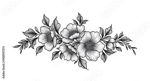Black and white flower drawing illustration with line art on white backgrounds. Generative AI