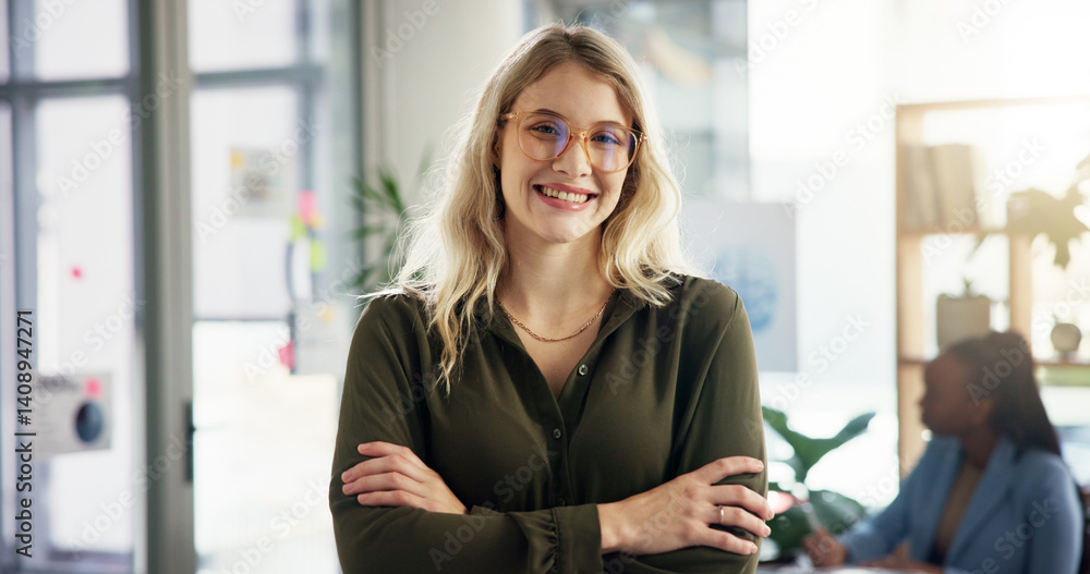 Creative, crossed arms and portrait of business woman with smile for confidence, pride and ambition. Professional, office and person for copywriting agency, journalism and editor for online magazine