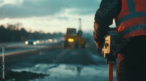 A road surveyor using a total station at a highway site. Featuring precision and land measurement