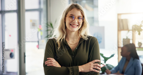 Obraz na płótnie Creative, crossed arms and portrait of business woman with smile for confidence, pride and ambition. Professional, office and person for copywriting agency, journalism and editor for online magazine w salonie