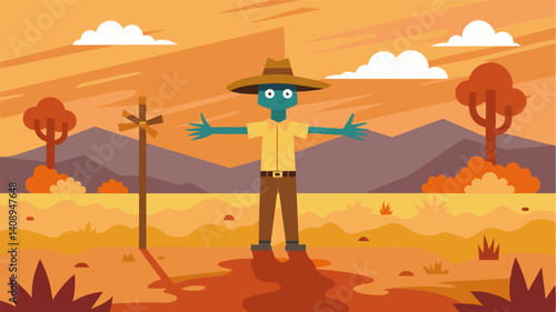 In the midst of a droughtstricken land the scarecrow stood tall yet powerless representing the ineffectiveness of conventional farming ods against the ravages of climate change.. Vector illustration