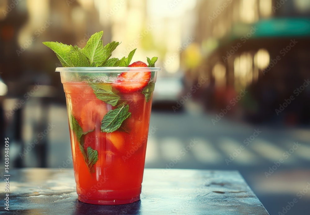 Refreshing summer beverage in a clear cup with fresh mint and strawberries against an urban backdrop showcasing street life and leisure vibes. Refreshing summer beverage in a clear cup with fresh mint and strawberries against an urban backdrop showcasing street life and leisure vibes.