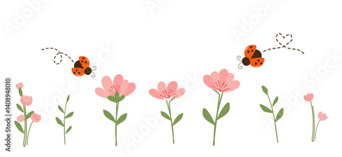 Pink flower icon set, green branches and lady birds cartoons signs isolated on white background vector.