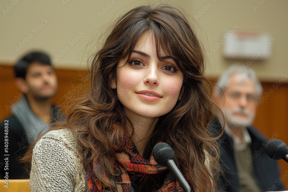 Fototapeta premium Elegant Woman in Conference: Captivating portrait of a graceful woman at a conference, her confident gaze and poised demeanor radiating intelligence and charm.