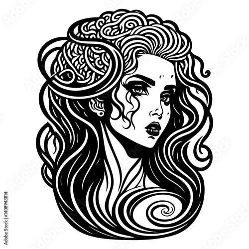 Stylized Portrait of a Woman with Flowing Hair