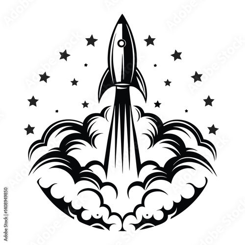 Black Silhouette of Launching Rocket with Stars and Smoke on a White Background