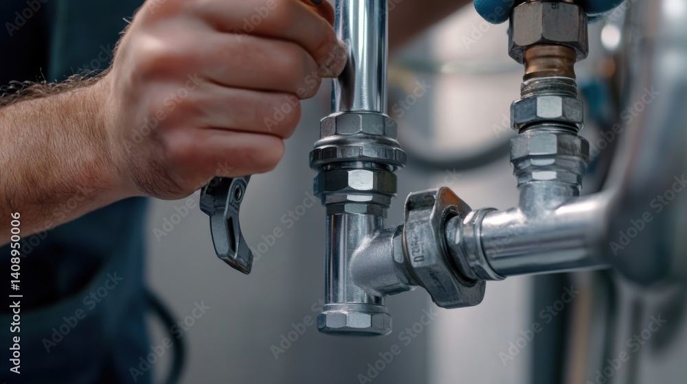 Plumber tightening joints of PVC pipes in utility room. Featuring precision and focus Plumber tightening joints of PVC pipes in utility room. Featuring precision and focus