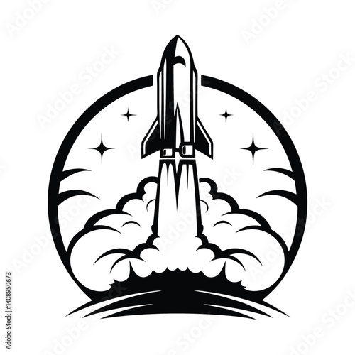 Bold Rocket Launch Icon with Smoke Trails and Stars in a Circular Design